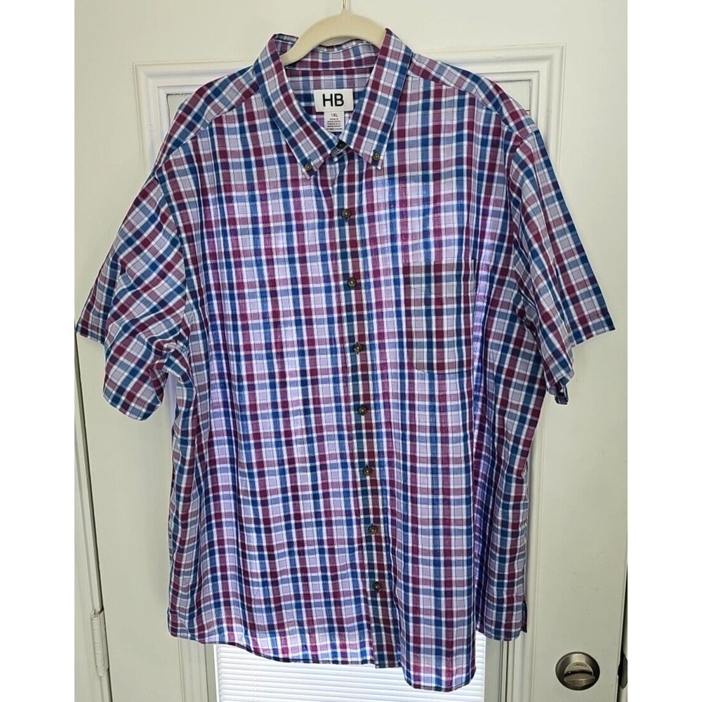 Harbor Bay HB Shirt XL Short Sleeve Purple Blue Plaid Button Down